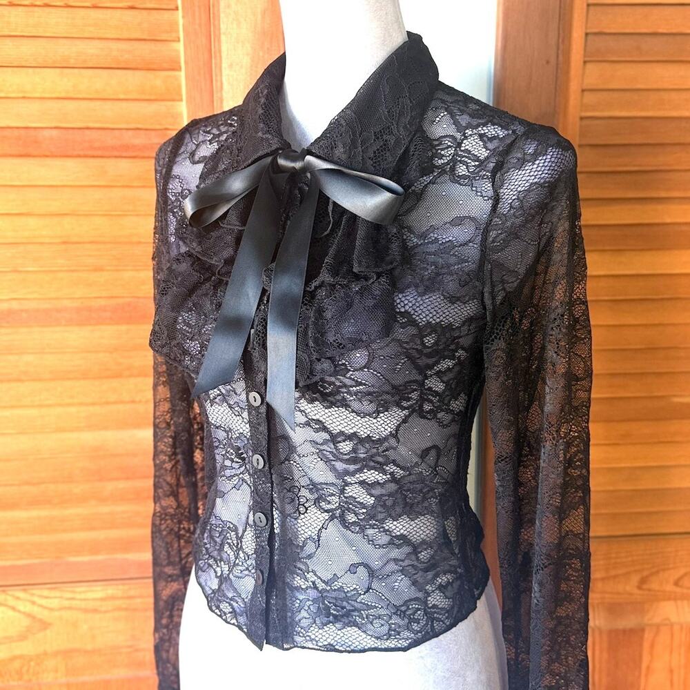 Dolls Kill Gothic Victorian Vampire Vkei Black Lace Jabot Ribbon Bow Top L - Picture 5 of 8